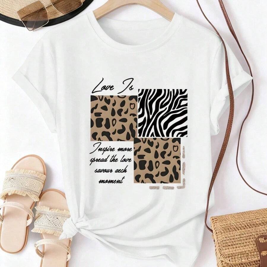 Local -60 Camiseta vintage con estampado de leopardo y cebra manga corta cuello redondo estilo casual adecuada para vera - Blanco 3 - Ver 1