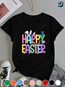 Camiseta Estampada para Mujer - Camiseta Casual de Manga Corta y Cuello Redondo en Negro con Nudo Atado, Diseño Colorido de Pascua, Corte Relajado para Todas las Estaciones, Perfecta para Uso Diario y Atuendos de Vacaciones (Lavable aáquina). - Negro - Ver 1
