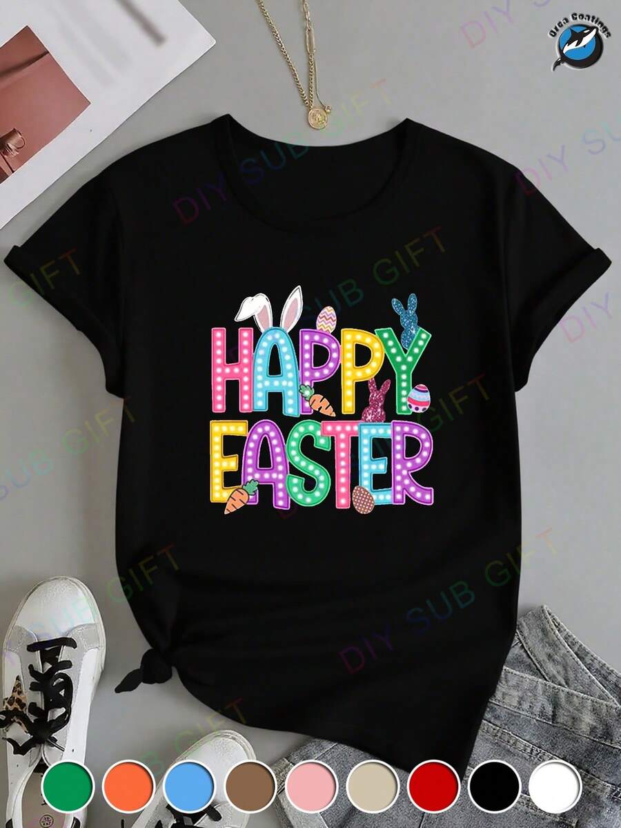 Camiseta Estampada para Mujer - Camiseta Casual de Manga Corta y Cuello Redondo en Negro con Nudo Atado, Diseño Colorido de Pascua, Corte Relajado para Todas las Estaciones, Perfecta para Uso Diario y Atuendos de Vacaciones (Lavable aáquina). - Negro - Ver 1