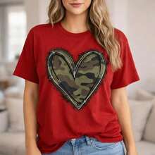 Suave Camiseta de Algodón para Mujer Tallas Grandes con Estampado de Corazón Camuflado, 0XL-5XL, Manga Corta, Cuello Redondo, Top Casual, Corte Holgado, Camiseta Básica para Uso Diario, Camiseta Tallas Grandes con Estampado de Camuflaje Negro, blusa casual mujer, blusas para mujer, playeras de mujer algodón - Rojo - Ver 6