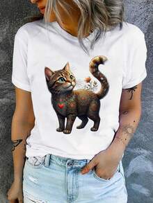 Women's Casual Sports T-Shirt With Colorful Cat Design - White Elastic Crew Neck T-Shirt, Machine Washable, Comfortable And Perfect For All Seasons, To Match With Denim Shorts And Tattoos For A Fun And Unique Look. - 白色 - 查看 1