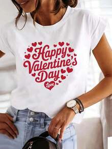Women's Casual And Modern Short Sleeve Clothing With Valentine's Day Themed Print And Round Neck - 白色 - 查看 1