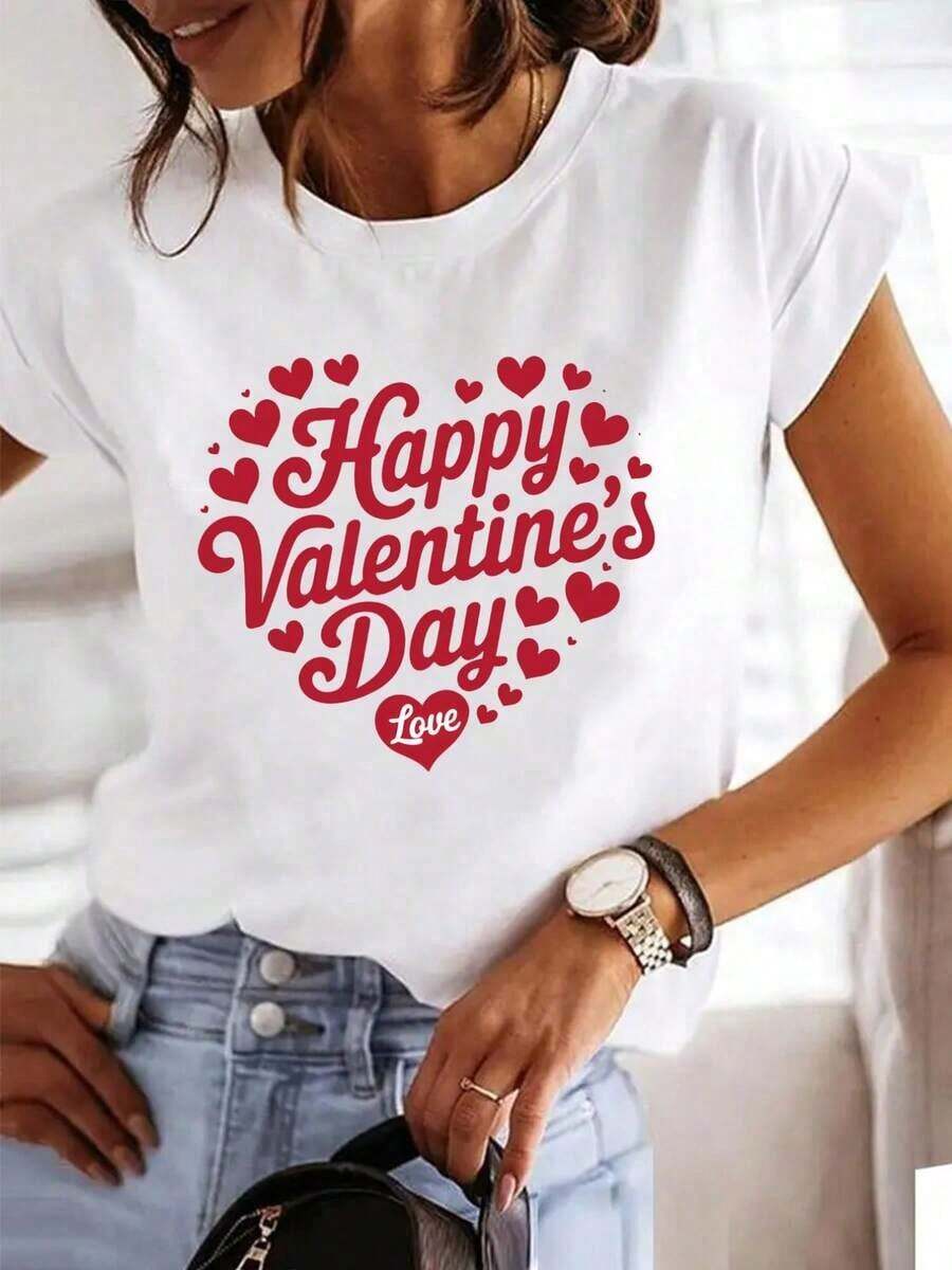 Women's Casual And Modern Short Sleeve Clothing With Valentine's Day Themed Print And Round Neck - 白色 - 查看 1