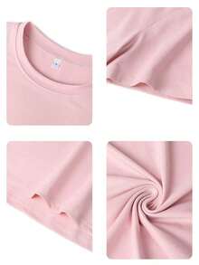 Short-Sleeved T-Shirt With Round Neck, AMORE Vertical Stripe Print, Casual Style, Loose And Versatile, For Women, Ideal For Daily Use And Holidays, White Color. - 粉色 - 查看 4