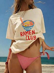 Women's Casual Short-Sleeve Crew Neck T-Shirt Featuring A Fun Japanese Ramen Bowl Print And A Bold "RAMEN CLUB" Text Design. Soft And Comfortable, It Combines Retro Japanese Street Style With Retro American Diner Style, Perfect For Ramen Restaurants, Anime Fan Gatherings, Casual Campus Wear, And Summer Outings. - 杏色 - 查看 6