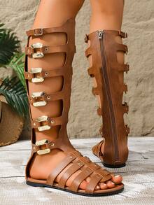 1 par de sandalias elegantes de dama con cremallera de cuero PU estilo bohemio, adecuadas para el hogar, vacaciones y uso al aire libre en verano - Marrón - Ver 2