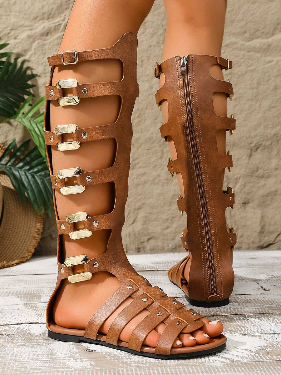 1 par de sandalias elegantes de dama con cremallera de cuero PU estilo bohemio, adecuadas para el hogar, vacaciones y uso al aire libre en verano