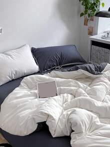 New Solid Color Patchwork Nordic Style Simple Polyester Duvet Cover 3 Pieces Set - White - View 7