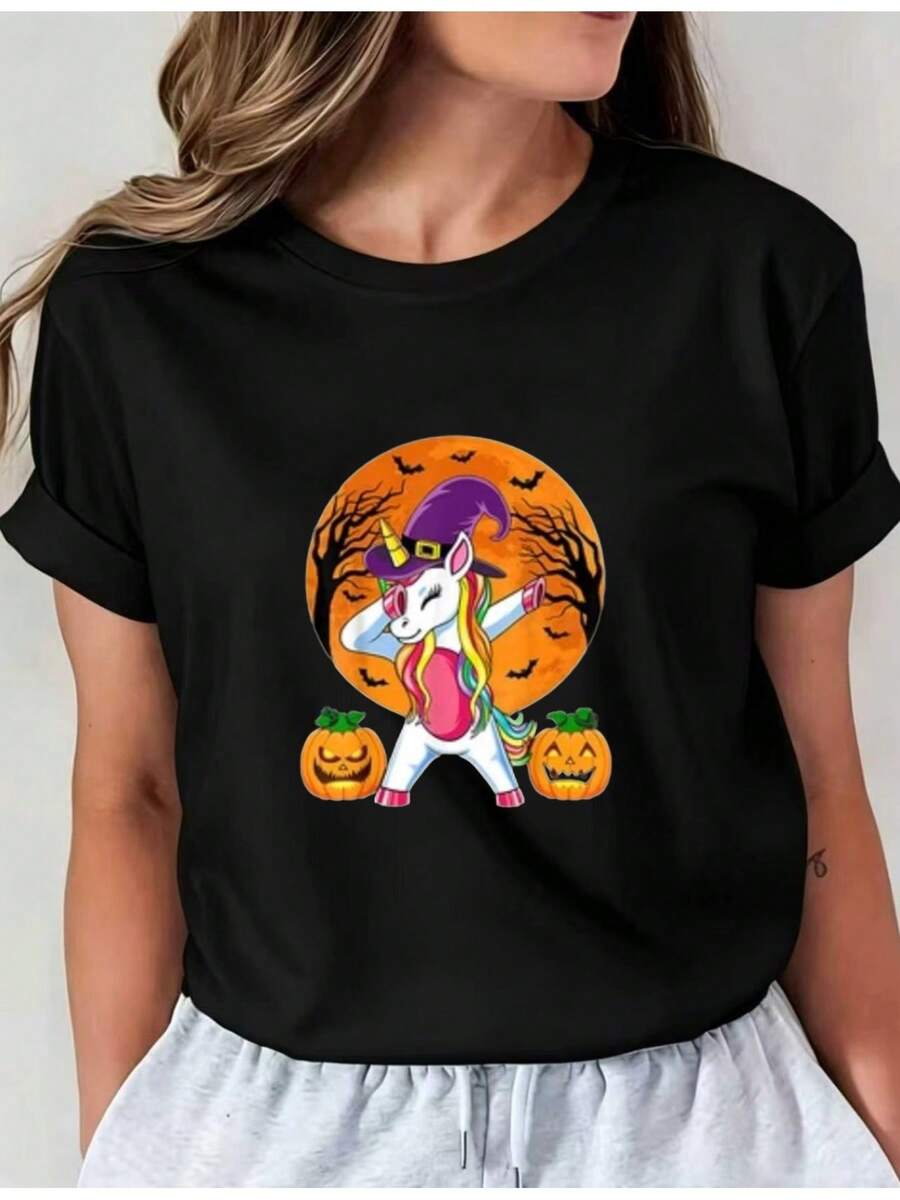Camiseta Deportiva Casual para Mujer con Diseño Gráfico Colorido de Unicornio - Camiseta Negra Elástica y de Cuello Redondo, Lavable aáquina, Ajuste Cómodo para Todas las Estaciones, Ropa Casual Femenina. - Negro - Ver 1