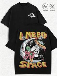 Women's Casual Loose Fit T-Shirt With Alien Graphic Print "I Need Space", Breathable And Comfortable, 100% Cotton, Short Sleeve, Round Neck, Vintage Washed Black With Retro UFO And Planet Print, Perfect For Everyday Wear And Urban Space Style. - 黑色 - 查看 7