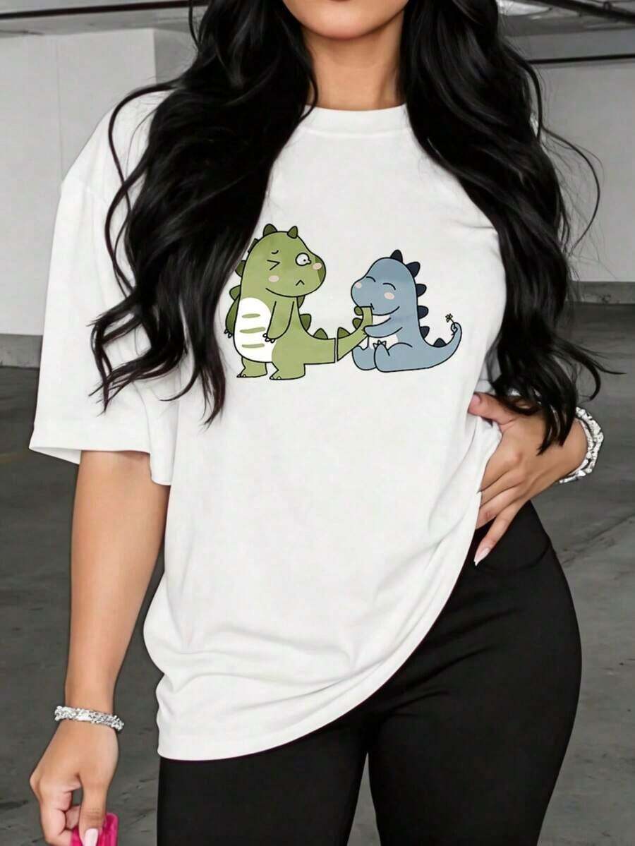 2026 Women's Shirts With Cute Dinosaurs Playfully Hugging, Breathable Blouses For Casual Women - 白色 - 查看 1