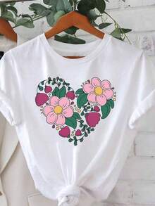 Women's Vintage Floral Heart Print T-Shirt - Short Sleeve Blouse Suitable For Spring And Summer Outfits, Casual Date Top With Medium Elasticity, Machine Washable, Not See-Through, For Brunch, Picnic And Casual Wear - 白色 - 查看 8