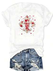 Happy Dolphintine's Day Bohemian Floral Print Cotton T-Shirt With Dolphins And Roses, Short Sleeve, Round Neck, Casual Style For Summer And Spring, Women's Clothing - 白色 - 查看 3