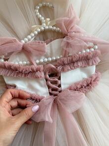 女嬰細肩帶蝴蝶結網紗公主洋裝，適合生日派對、花童、婚禮及重要場合 - 香檳色 - 查看 6