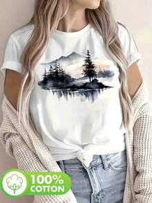 Camiseta de Mujer - Camiseta con Estampado Gráfico de Paisaje Montañoso en Acuarela - Transpirable, de Manga Corta y Cuello Redondo, Top Casual para Primavera y Verano, Lavable a Máquina - Camisetas para Salir de Mujer - Blanco - Ver 1