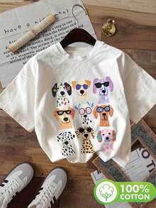 Camiseta de manga corta para mujer, cuello redondo, estilo versátil con diseño de cachorro y gafas de moda, pintado a mano - Ropa de primavera/verano - Blanco - Ver 2