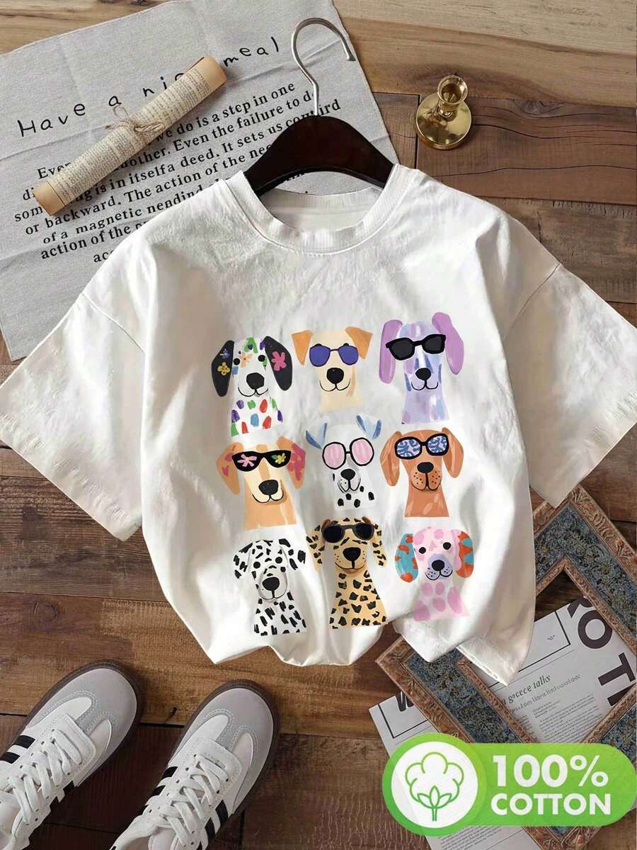 Camiseta de manga corta para mujer, cuello redondo, estilo versátil con diseño de cachorro y gafas de moda, pintado a mano - Ropa de primavera/verano