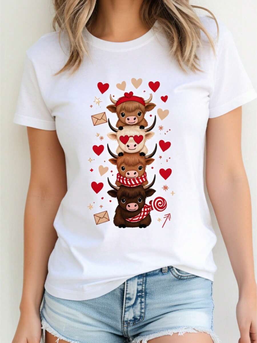 Women's Casual Blouse, Simple Style For Everyday Wear, Women's T-Shirt For The New Year 2026 | Cute Cow Piled With Hearts, Christmas Design, Festive Edition. | Quick-Drying Summer Casual Wear, And Fashionable Gift. Comfortable, Soft, And Simple Short-Sleeved T-Shirt For Everyday Wear. - 白色 - 查看 1