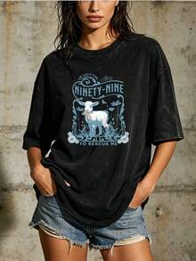 Women's Casual Blouse, Simple Style, Daily Wear, 180g, Soft Printed T-Shirt "He Left 99 To Save Me" -- A Perfect Gift For Friends And Family, A Stylish Short-Sleeved Round-Neck T-Shirt, Suitable For Spring And Summer Celebrations, And Also An Ideal Choice For Corporate Events And Team Building. - 黑色 - 查看 7