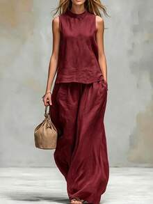 Women's Two-Piece Set, European And American Style 2026, With High Neck, Sleeveless, Cotton And Linen, Solid Color. - 酒紅色 - 查看 1