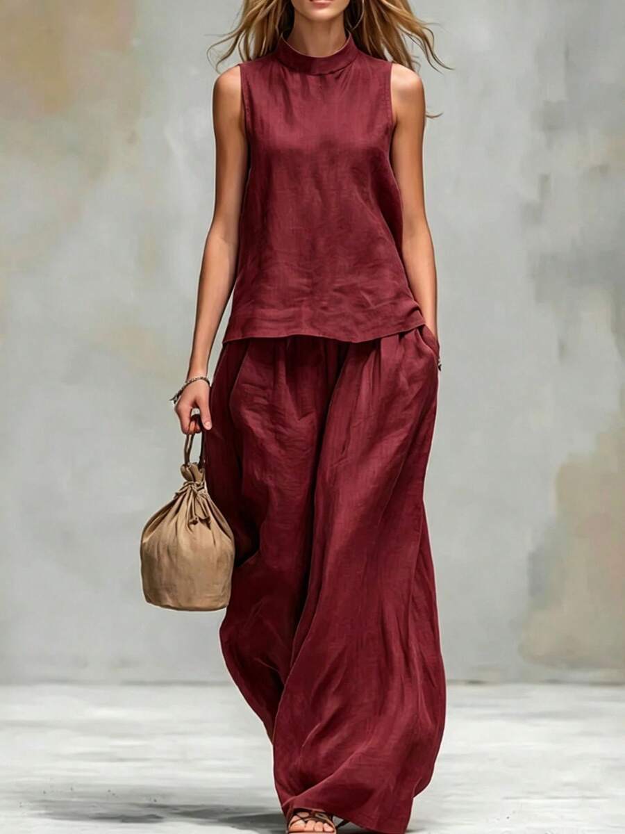 Women's Two-Piece Set, European And American Style 2026, With High Neck, Sleeveless, Cotton And Linen, Solid Color. - 酒紅色 - 查看 1
