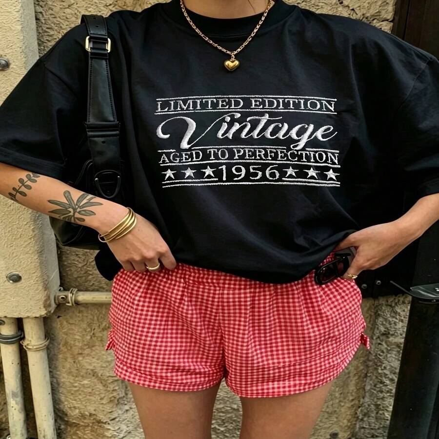 Heartfelt Vintage Graphic T-Shirt 100% Cotton Oversized Soft Breathable Casual Crewneck Short Sleeve Top Daily Casual Retro Vibe Aesthetic Daily Red Gingham Shorts For Casual Wearers Fashion Lovers Daily Outfit Enthusiasts Gift Givers