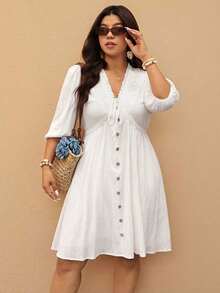 Elaquor Vestido casual de vacaciones de talla grande con cuello en V y nudo en unicolor - Blanco - Ver 8