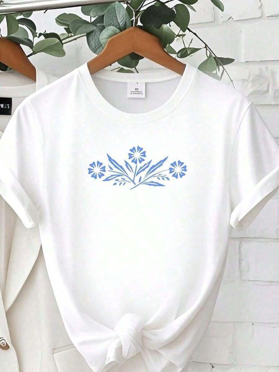 Camisa de algodón puro de 180g estilo vintage Corningware azul acianillo, camiseta azul acianillo para mamá, regalos de Pyrex con estampado de flores azules vintage para mamá, top casual elástico para uso diario, estampado elegante y versátil, cuello redondo, manga corta, gráfico unisex, cómodo para mujer, ropa de diseñador, ropa urbana, transpirable y cómoda. - Blanco - Ver 1