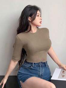 Blusa casual de mujer de cuello redondo, manga corta, silueta ajustada, para uso diario - Caqui - Ver 5