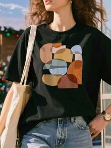 Camiseta LEN con Diseño Moderno de Formas Abstractas y Geométricas en Tonos Tierra y Marrón, Cuello Redondo, Manga Corta, Tejido de Poliéster, Camiseta Holgada 100% Algodón, Transpirable y Cómoda - Blanco - Ver 8