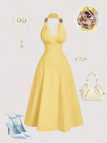 xheSHEIN MOD Vestido midi elegante sin mangas con decoración floral 3D de metal y plisados para mujerxhe - amarillo ganso - Ver 3