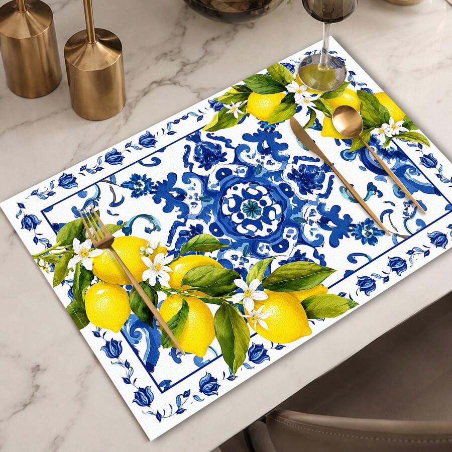 1pc Lemon Striped Linen Placemat, Breakfast Mat, Coffee Coaster, Bowl Pad, Kitchen Accessory, Easy To Clean Dining Mat, Suitable For Home, Restaurant, Dining Decor, Holiday Gift, Gift For Friends, Multi-Piece Set - Multicolor - View 1