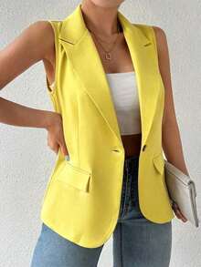 informal sin mangas con cuello francés y botones de unicolor para mujer de talla grande - Amarillo - Ver 4