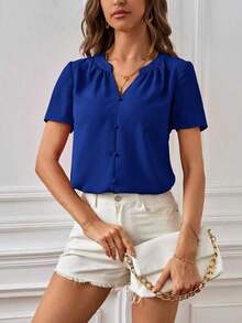 Blusa casual de mujer de unicolor con cuello en V y manga corta - azul real - Ver 6