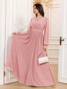 Vestido de dama de honor formal de gasa de manga larga hasta el suelo con corte evasé, color borgoña elegante, vestido de invitada de boda, mangas sin forro, primavera - Rosa Pálido - Ver 4
