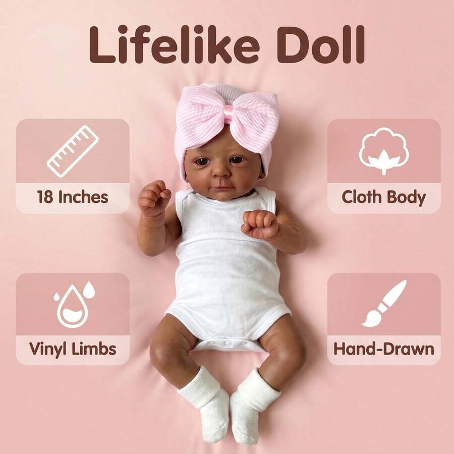 18 Inch Lifelike Vinyl Handmade Open Eyes Reborn Doll, Cloth Body Realistic Doll, Handpainted Hair, Companion Collectible Toy, Birthday Christmas Gift - As Shown - View 1