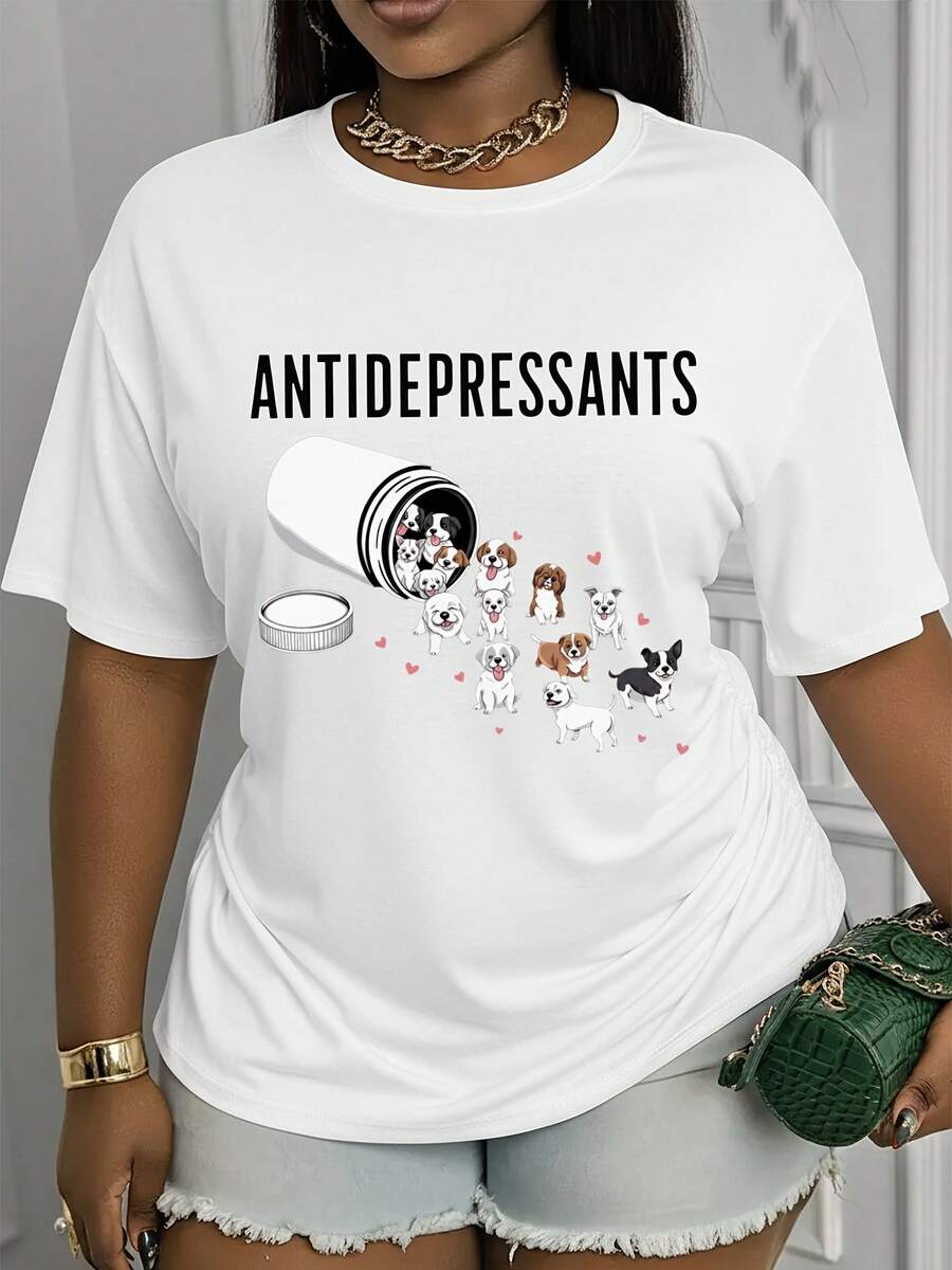 Women's Casual Short Sleeve T-Shirt -- Depressed Puppy Print, Crew Neck, Regular Fit, Washable, Comfortable Fit, Fashionable Printed T-Shirt, Printed Top, Ideal For Fashion Enthusiasts - 白色 - 查看 1