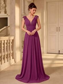UNITHORSE Vestido de Noche para Fiesta y Boda con Cuello en V, Mangas con Volantes, Plisado, Malla de Hoja y Empalme de Malla, Otoño - Rojo violeta - Ver 3