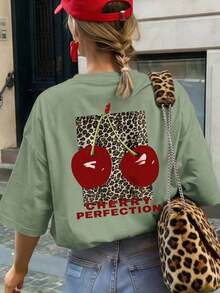 1 Piece Of Women's Summer T-Shirt With Round Neck And Short Sleeves, Leopard Print And Cherry Design, Suitable For Summer, Beach, Street, Daily Wear, Work, Office Party, Going Out, Festival, Music Festival, Valentine's Day, Casual Party, White Color. - 草綠色 - 查看 1