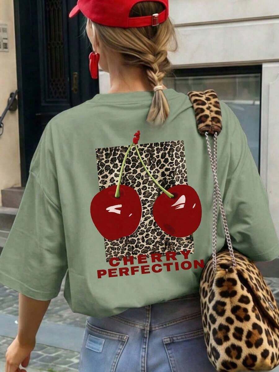1 Piece Of Women's Summer T-Shirt With Round Neck And Short Sleeves, Leopard Print And Cherry Design, Suitable For Summer, Beach, Street, Daily Wear, Work, Office Party, Going Out, Festival, Music Festival, Valentine's Day, Casual Party, White Color. - 草綠色 - 查看 1
