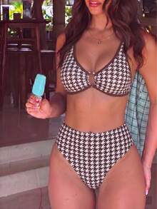 Sommer Elegante Damen Bikini Badeanzug mit hoher Taille, Bindung Design, Hahnentritt Muster, sexy Strand Resort Urlaub - Verschiedenfarbig - Übersicht 2