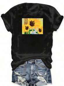 Women's Clothing Sunflower Print T-Shirt, Short Sleeve, Round Neck, Casual Top For Summer And Spring, Plus Size Women's Clothing, Women's Shirts - 黑色 - 查看 2