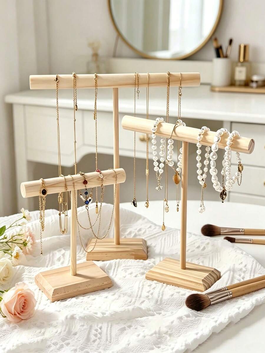 Giá đỡ trang sức hình chữ T bằng gỗ cứng di động (1 cái/2 cái/3 cái), giá trưng bày vòng tay, đồng hồ, dây chuyền để sắp xếp đồ dùng trong nhà.