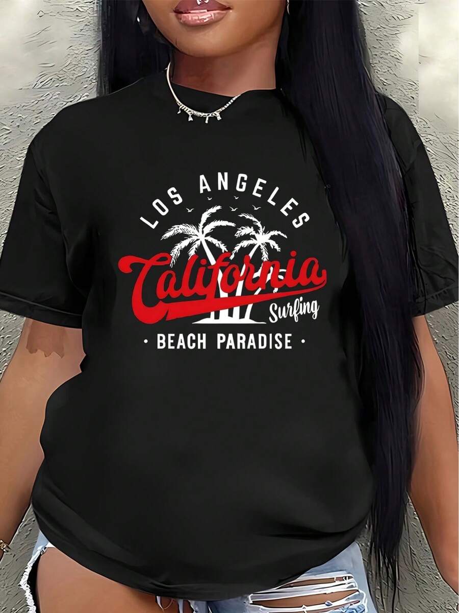 Camiseta ligera y duradera con diseño estampado, con motivos de un paraíso de playa de surf, perfecta para salidas informales en casa o en restaurantes de Los Ángeles, California.blusas para mujer>ropa - Negro - Ver 1
