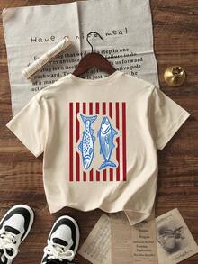Camiseta de verano retro para mujer con estampado de peces, de cuello redondo y manga corta, estilo casual para playa y vacaciones - Estilo vintage urbano unisex, holgada, de algodón, de manga corta y cuello redondo, blusas para mujer. blusas.blusas casuales para dama. - Albaricoque - Ver 5