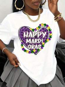 Women's Leopard Print Shirt With Heart Beads For Mardi Gras - Festive Design In Purple, Green, And Gold, Party Wear, Spring Outfit, Celebrations - Urban Vintage Style, Unisex, Cotton, Short Sleeve, Round Neck, Blouses For Women. Blouses.Casual Blouses For Ladies. - 白色 - 查看 7