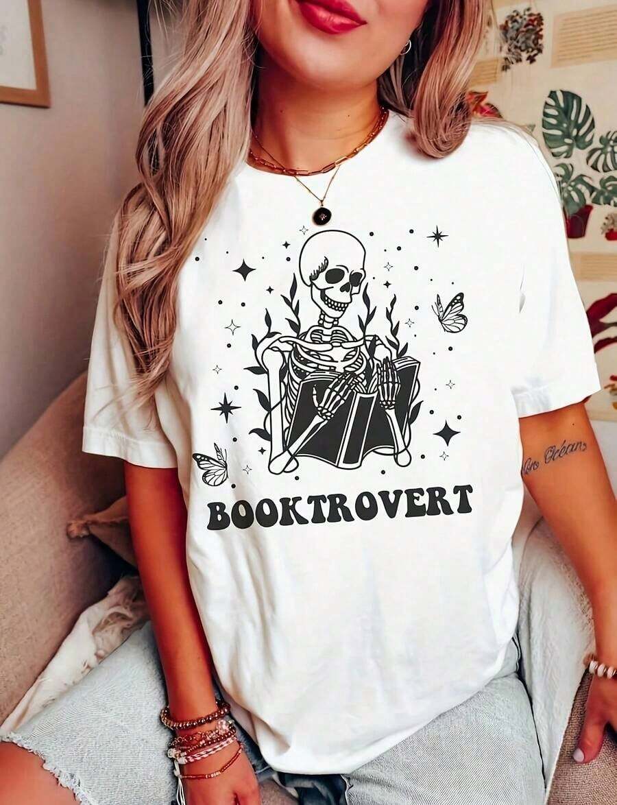 Camiseta de mujer% algodón, merchandising literario, camiseta con cuello redondo de temática literaria, camiseta literaria, merchandising de libros, suéter literario, regalo literario, camiseta para amantes de los libros, camiseta de biblioteca, camiseta de algodón% de 220 g de peso pesado estilo Dark Academia. Con estampado de mariposas, adecuada para niñas y mujeres, camiseta inspiradora de manga corta y cuello redondo, top de verano de estilo estético Y2K, para actividades al aire libre, reuniones familiares, trabajo o uso diario casual en la calle. - Blanco - Ver 1