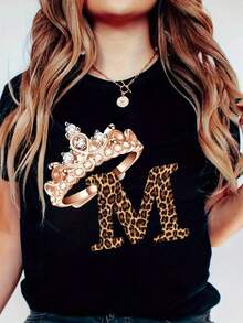 Mujer002 Camiseta de Mujer Casual Versátil Cómodo y Elegante Camisa de diseño único con adornada de diamantes y letra  de estampa leopardo para mujeres que resalta tu estilo - Negro - Ver 1