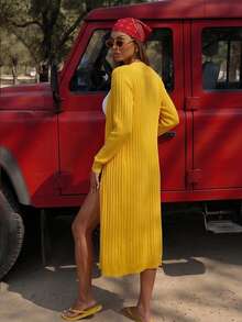 Nuevo llegado de primavera y verano Cárdigan de punto acanalado amarillo largo para mujer, Abrigo de punto de cuello en V y frente abierto, Uso casual y de oficina, Otoño, Parte superior para salir - Amarillo - Ver 7