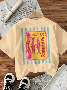 New Spring/Summer 2026 Collection: Women's Short Sleeve T-Shirt With Graphic Print Of "Shape Captured" Sardines, Vintage Casual Style, Suitable For Casual Daily Wear, White Color. - 杏色 - 查看 3